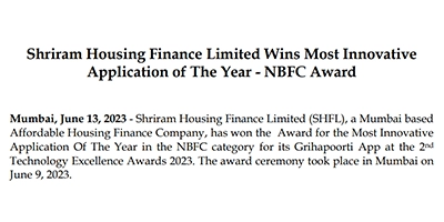 Shriram Housing Finance Limited Wins Most Innovative