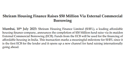 Shriram Housing Finance Raises 50 Million Via External Commercial