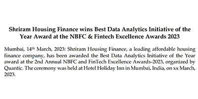 Shriram Housing Finance wins Best Data Analytics Initiative of the Year Award