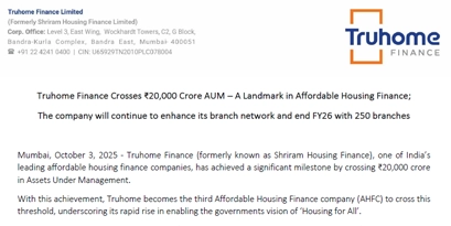 Truhome Finance Crosses ₹20,000 Crore AUM – A Landmark in Affordable Housing Finance; The company will continue to enhance its branch network and end FY26 with 250 branches