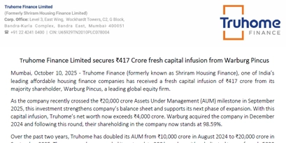 Truhome Finance Limited secures ₹417 Crore fresh capital infusion from Warburg Pincus