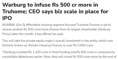 Warburg to infuse Rs 500 cr more in Truhome; CEO says biz scale in place for IPO