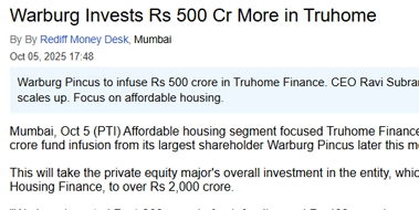 Warburg Invests Rs 500 Cr More in Truhome