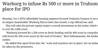 Warburg to infuse Rs 500 cr more in Truhome CEO says biz scale in place for IPO